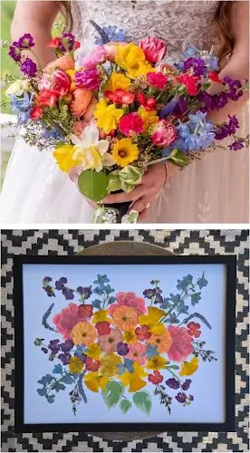 A colorful wildflower bouquet, then pressed and framed in black