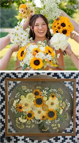 A sunflower and daisy bouquet, then pressed and framed in walnut