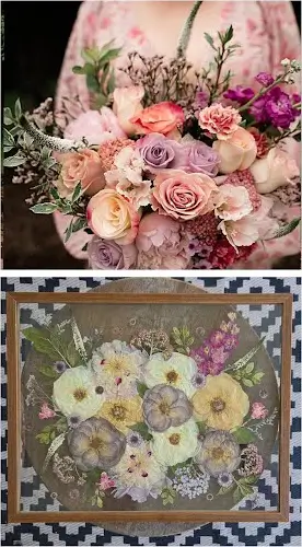 A pastel bridal bouquet, then pressed and framed in walnut